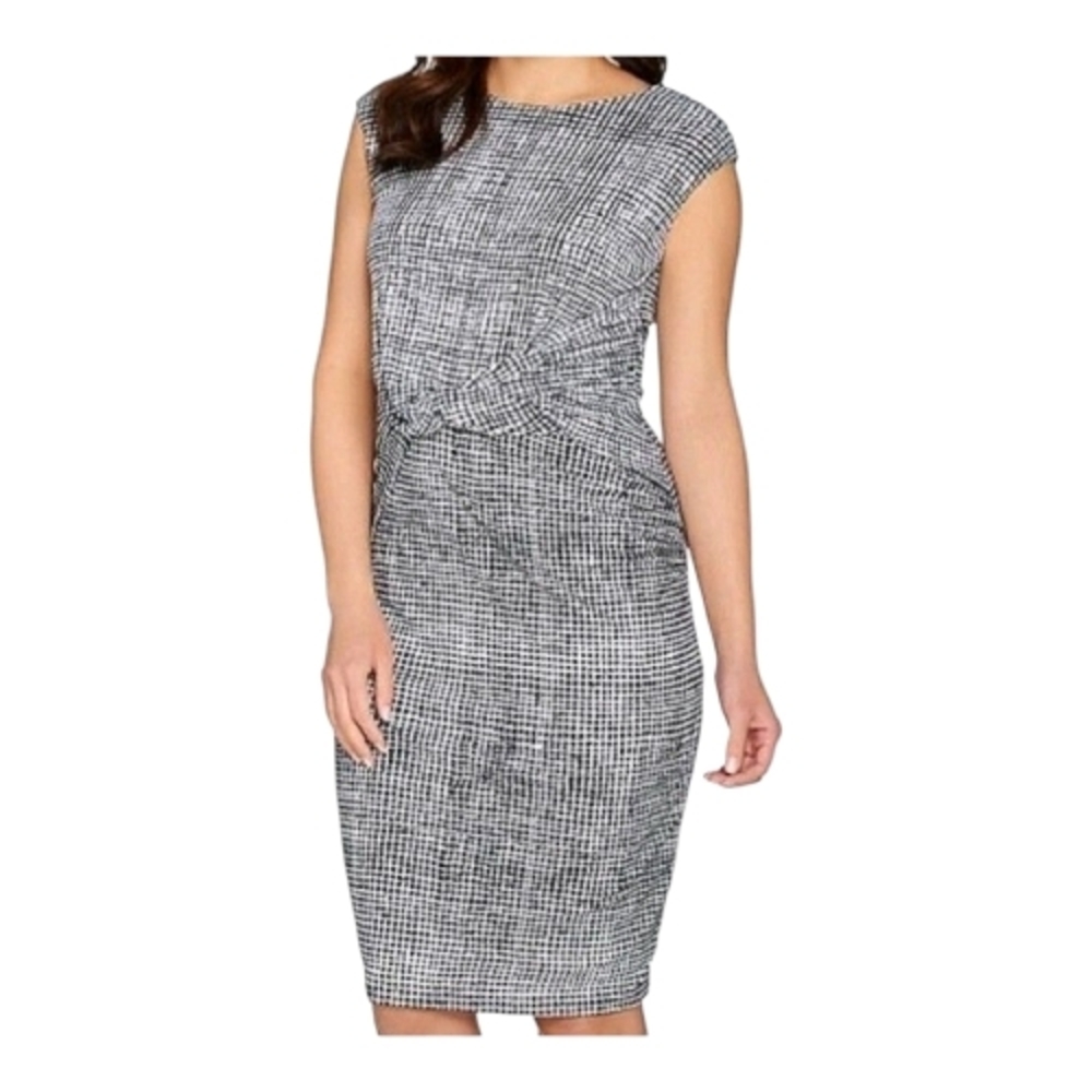 H by Halston Med Petite Black White Jet Set Jersey Cap Sleeve Dress Quiet Luxury